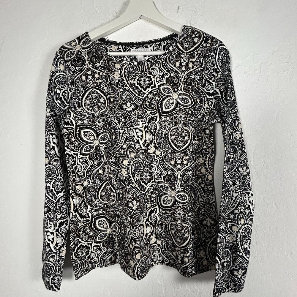 Charter Club Luxury Pima Cotton Long Sleeve Paisley Top Size Small Black & White